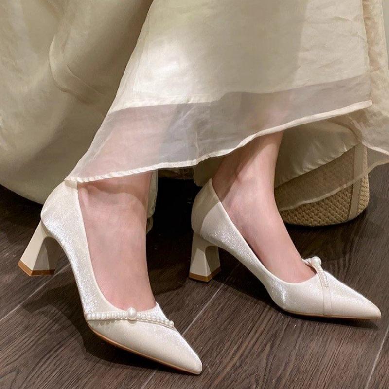 Men Shoes Elegant - Zarif İnci Süslemeli Sivri Burunlu Blok